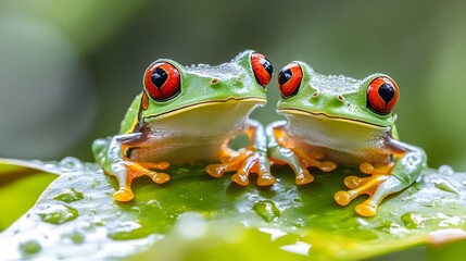 Front close up view of two funny red-eyed tree frogs (Agalychnis callidryas) on a green leaf with water drops after the rain, wildlife in a tropical rainforest of South America