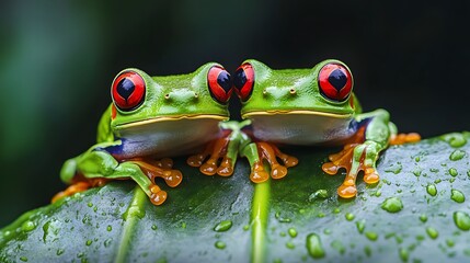 Front close up view of two funny red-eyed tree frogs (Agalychnis callidryas) on a green leaf with water drops after the rain, wildlife in a tropical rainforest of South America