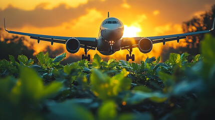 Canvas Print - Airplane Landing at Sunset Over Green Field.