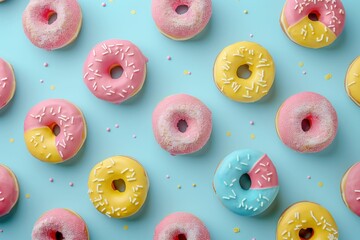 Colorful donuts arranged on blue surface with sprinkles sweet indulgence for a festive holiday party