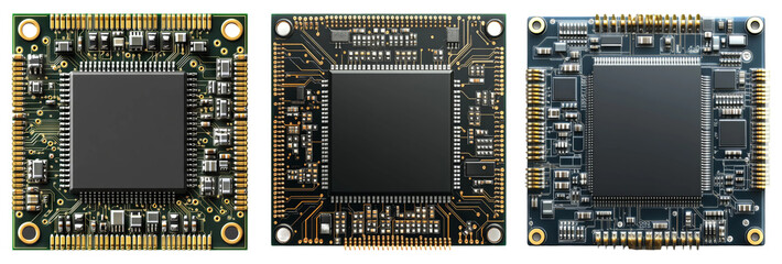 Detailed closeup of computer circuit boards with intricate wiring isolated on transparent background