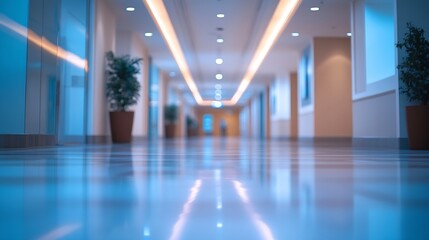 Poster - Blur abstract background of corridor in clean hospital Blurred view of aisle in office with light floor Blurry lobby and waiting area in hotel Defocused empty area for event hall in sh : Generative AI