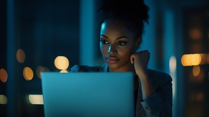 Leinwandbilder - Pensive AfricanAmerican executive read information on laptop in dark empty office Businesswoman work on computer late in modern office : Generative AI
