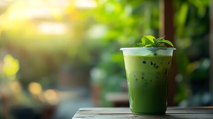 Aufkleber - A green matcha tea drink in a plastic cup sits on a wooden table with garden background : Generative AI