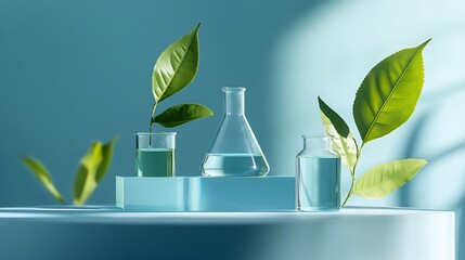 Minimalist empty display product presentation scene with laboratory equipment On a blue background fresh green tea leaves on flasks and glass podium decorated Space to place your produ : Generative AI