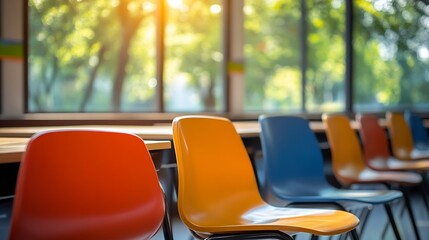 Poster - Chair group on table in classroom on morning education concept furniture empty people student in room seat and desk in school or university on blurred window and sunny light beauty : Generative AI