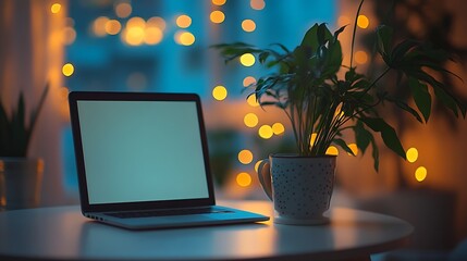 Aufkleber - Laptop coffee cup and potted plant on white table at night Empty screen for your advertise design : Generative AI