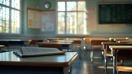 Poster - Interior of empty classroom with copybook on desk : Generative AI