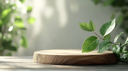 Fototapete - Wood podium tabletop floor  blurred green leaf on white wall nature backgroundBeauty cosmetic natural product placement pedestal displayjungle summer concept : Generative AI