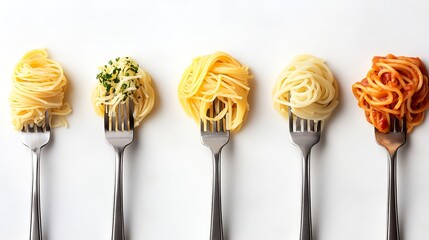 Wall Mural - Various types of spaghetti noodles and pasta on the forks and spoons in the white background : Generative AI