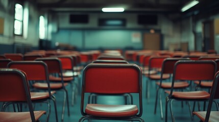 Fototapete - The concept of graduating from high school Upsidedown chairs in an empty classroom at the school : Generative AI