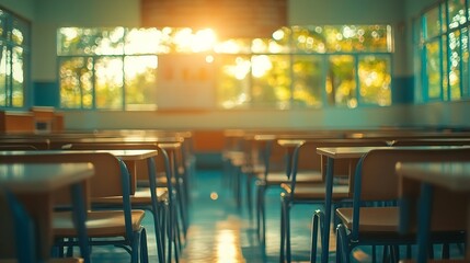 Fototapete - School classroom in selective focus background without young student Blurry view of elementary class room no kid or teacher with chairs and tables in campus : Generative AI