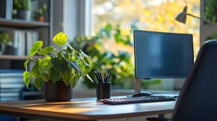 Fototapete - Empty workplace with desk and plant in office room copy space work from an atmospheric home office full of green plant : Generative AI