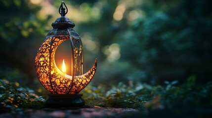 Ramadan 2024 poster image Beautiful Ramadan lantern lamp with crescent moon shape : Generative AI