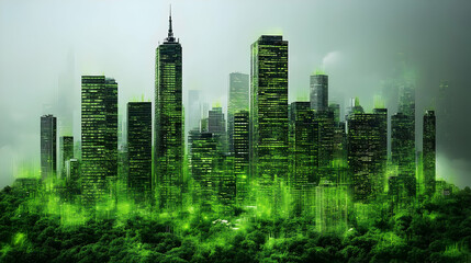 Poster - Cityscape with green overlay, modern buildings, and trees.