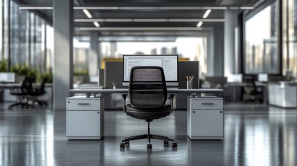 Aufkleber - Empty office computer and business interior on desk company furniture and workspace Vacant workplace corporate setup and technology on table professional design and detail at modern ag : Generative AI