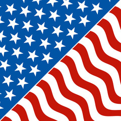 Square USA background of stars and stripes in red white and blue. Graphic for US Memorial Day, 4th of July, Veteran's Day, America's elections, or other patriotic American celebration.