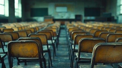 Fototapete - Empty classroom with a lot of chair with no student Empty classroom with vintage tone wooden chairs Back to school concept : Generative AI
