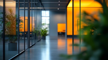 Fototapete - Beautiful blurred background of a modern office interior in gray tones with panoramic windows glass partitions and orange color accents : Generative AI