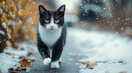 winter portrait of black and white cat with funny coloring walking outdoors pet on background of snowy nature : Generative AI