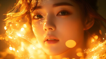 Poster - Close up portrait of a woman's face with glowing skin and hair.