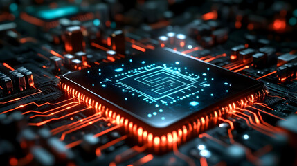 Wall Mural - Close-up of a glowing CPU on a circuit board.