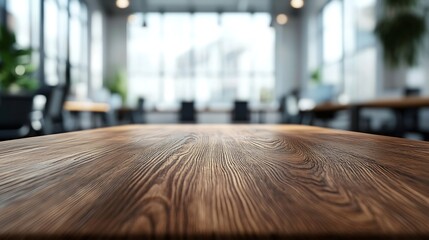Fototapete - On the blurred background of the empty office room a wooden board rested atop the table : Generative AI