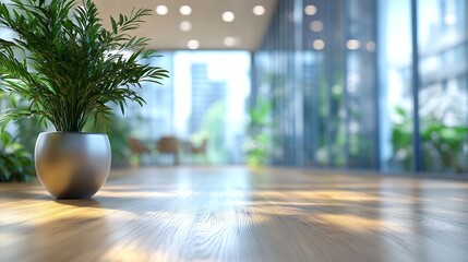 Poster - Light blur Minimalist Open Space Office background Blurred Modern contemporary office and meeting room interior design with panoramic glass windows and green plant inside and Wooden fl : Generative AI