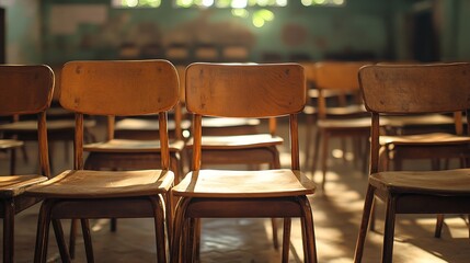 Fototapete - selective soft and blur focusold wooden row lecture chairs in classroom in poor schoolstudy room without studentconcept for education in Third world : Generative AI