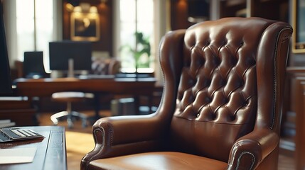 Aufkleber - Directors office with large wooden table leather armchair and PC Interior design : Generative AI