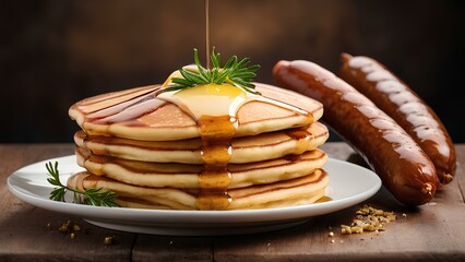 Heap of homemade pancakes and sausage with honey on the plate