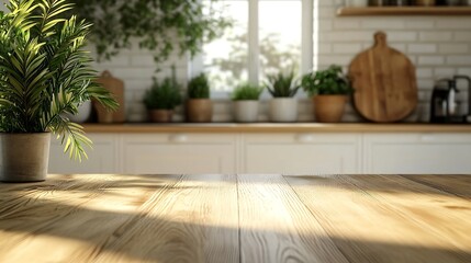 Wall Mural - Wooden tabletop with free space for product montage or mockup against blurred white kitchen with cutting board and plant in scandinavian style in morning light : Generative AI