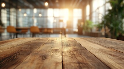 Poster - wooden table on Blurred empty open space office Abstract light bokeh at office interior background for design : Generative AI