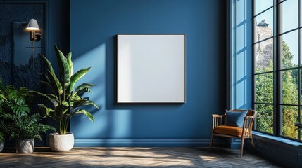 Wall Mural - A blue room with a white wall and a large window