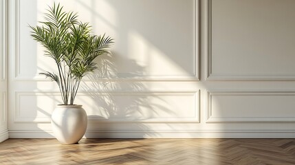 Poster - White classic wall background brown parquet floor home furniture detail frame and vase of plant : Generative AI