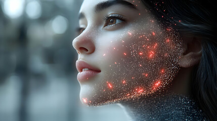 Wall Mural - Close-up of a woman's face with glowing particles.