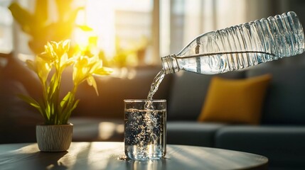 Close up of the pouring purified fresh drink water from the bottle on the table in the living room which is very beautiful