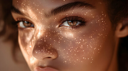 Canvas Print - Closeup of a woman's face with sunlight reflecting on her skin.