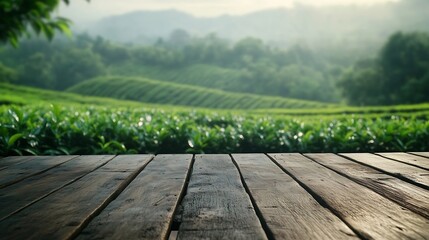 Leinwandbilder - The empty wooden table top with blur background of tea plantation Exuberant image : Generative AI