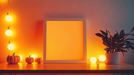 Aufkleber - White empty frame in orange solid color studio scene white lights Halloween background Product display mockup design : Generative AI