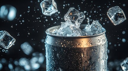 Leinwandbilder - Empty aluminium can mockup with flying ice cubes and splash isolated on black background : Generative AI