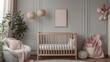 © Generative AI - Panorama of a cozy gray nursery bedroom interior with a classic wooden baby crib and pastel pink decorations : Generative AI