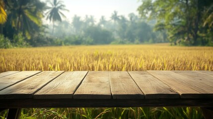 Leinwandbilder - Wooden table top on blur rice field background in daytimeHarvest rice or whole wheatFor montage product display or design key visual layoutView of copy space : Generative AI