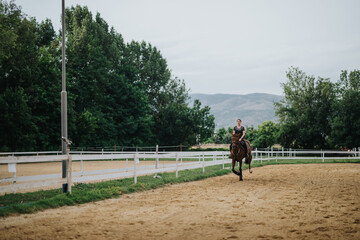 Wall Mural - A young woman riding a horse in an outdoor arena, surrounded by lush trees and distant mountains, on a cloudy day.