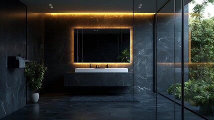 Wall Mural - Elegant and modern bathroom with black marble style tiles white washbasin with mirror with led light and glass doors to shower : Generative AI