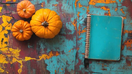 Small pumpkins and blue notebook on rustic wooden table