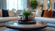 © Generative AI - Living room lounge area in luxury apartment show home showing interior design decor furnishing with coffee table : Generative AI