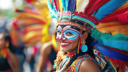 Woman in vibrant traditional costume and face paint at cultural festival