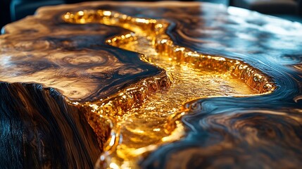 Expensive vintage furniture The table is covered with epoxy resin and varnished Luxury quality wood processing Wooden table on a dark background A gold epoxy river in a rectangular tre : Generative AI