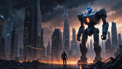 A giant mech robot stands in a futuristic city skyline with tall skyscrapers and a dramatic stormy sky in the background. A lone figure is seen walking in the foreground 